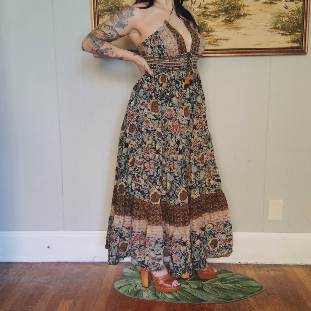Free People Real Love Strappy Boho Brown Floral Maxi Halter Dress Small Pockets - Picture 4 of 14